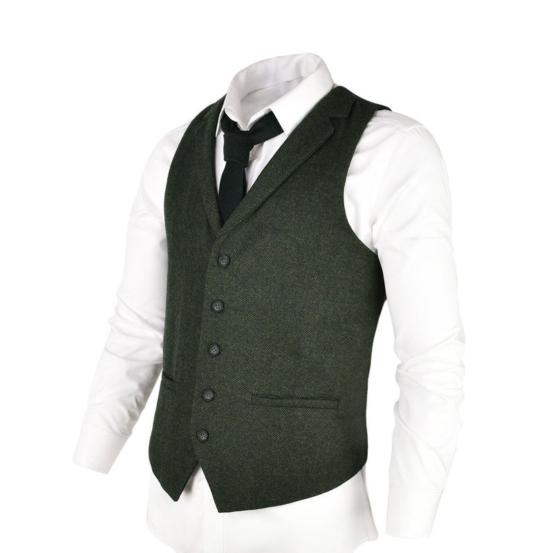 VOBOOM Mens Herringbone Tailored Collar Waistcoat Fullback Wool Tweed Suit Vest (Army Green, Small) - Image 2